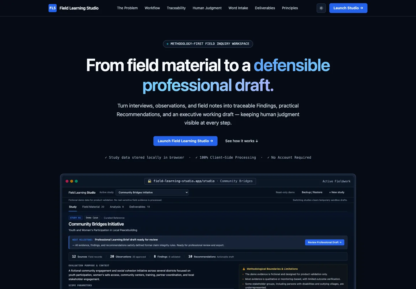 Field Learning Studio public homepage, including its fictional showcase workbench preview.